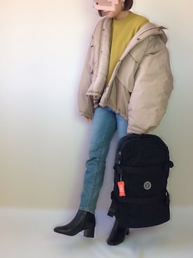 「ZOZO（ゾゾ）のスリムテーパードデニムパンツ［WOMEN］（デニムパンツ）」を使った、uaさん（レディース・153cm）の冬コーディネート