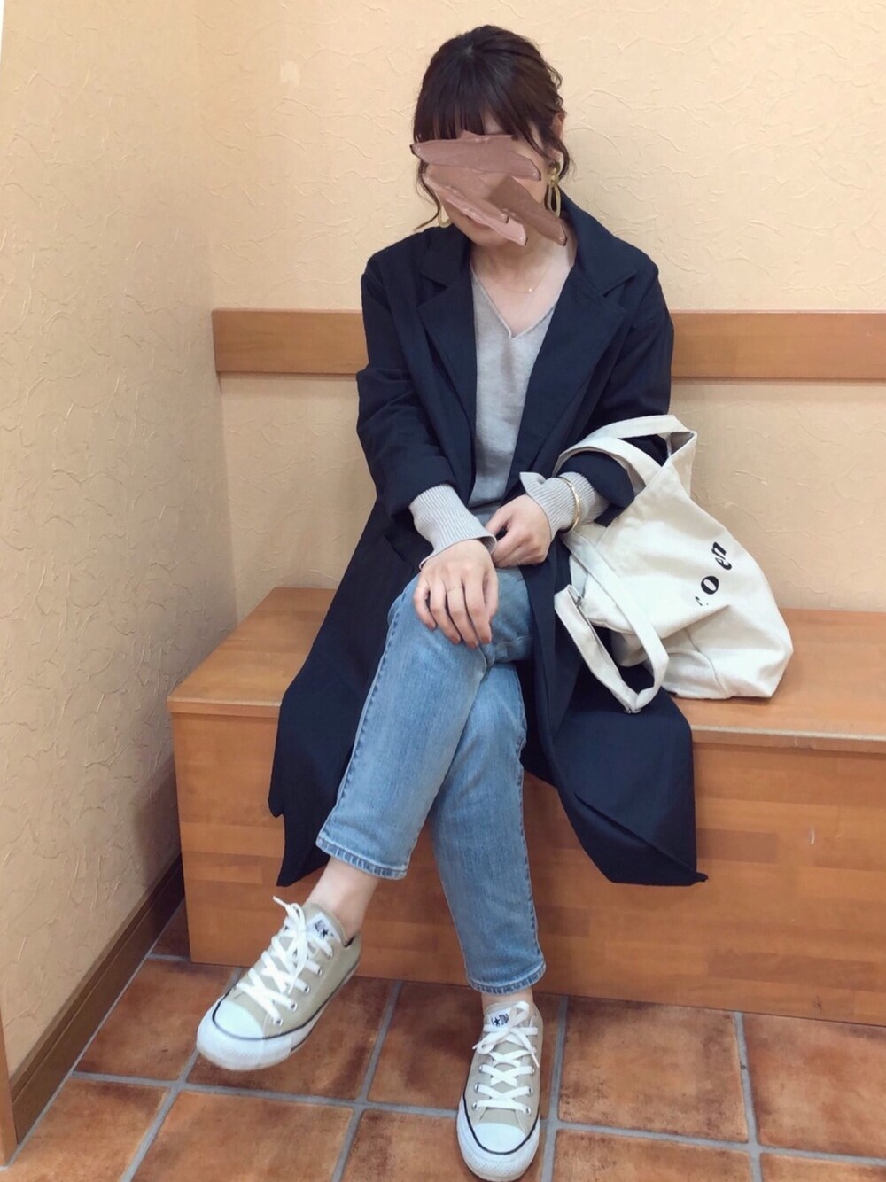 「リブラ、Libra、スプリングコート、チャコクローゼット、chacocloset、coen、Goldy、春コーデ、低身長、コンバース」｜「Libra CueのLibra ワンボタンライトロングコート（テーラードジャケット、ブルー系）」を使った、uaさん（レディース・153cm）の春コーディネートの1枚目の写真