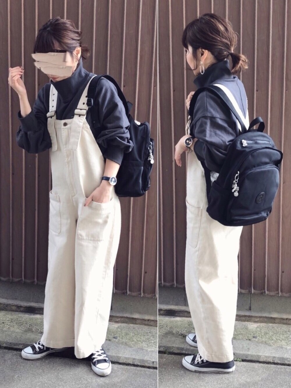 ブラック系のバックパック/リュック、グレー系のTシャツ/カットソー、ホワイト系のサロペット/オーバーオールを着用したレディースの春コーディネートの1枚目の写真