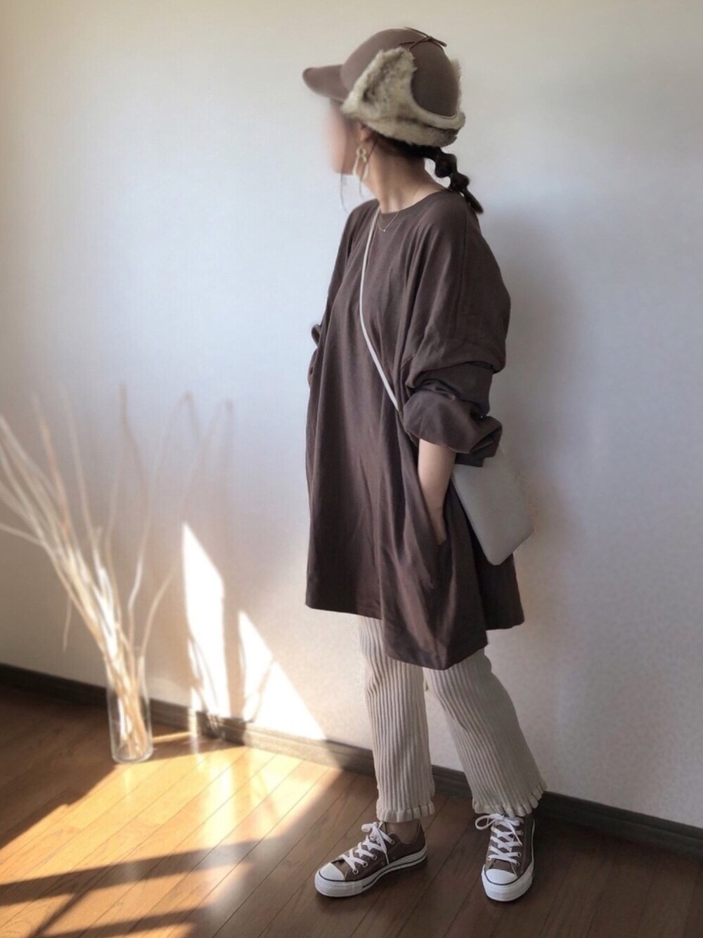 「ポルカドット、polcadot、リベリー、riberry、秋コーデ、低身長、秋服、オーバーサイズ、おしゃれさんと繋がりたい、ママコーデ」｜「polcadotのSIDE FUR FELT CAP/サイド ファー フェルト キャップ（キャップ、イエロー系）」を使った、uaさん（レディース・153cm）の秋コーディネートの1枚目の写真