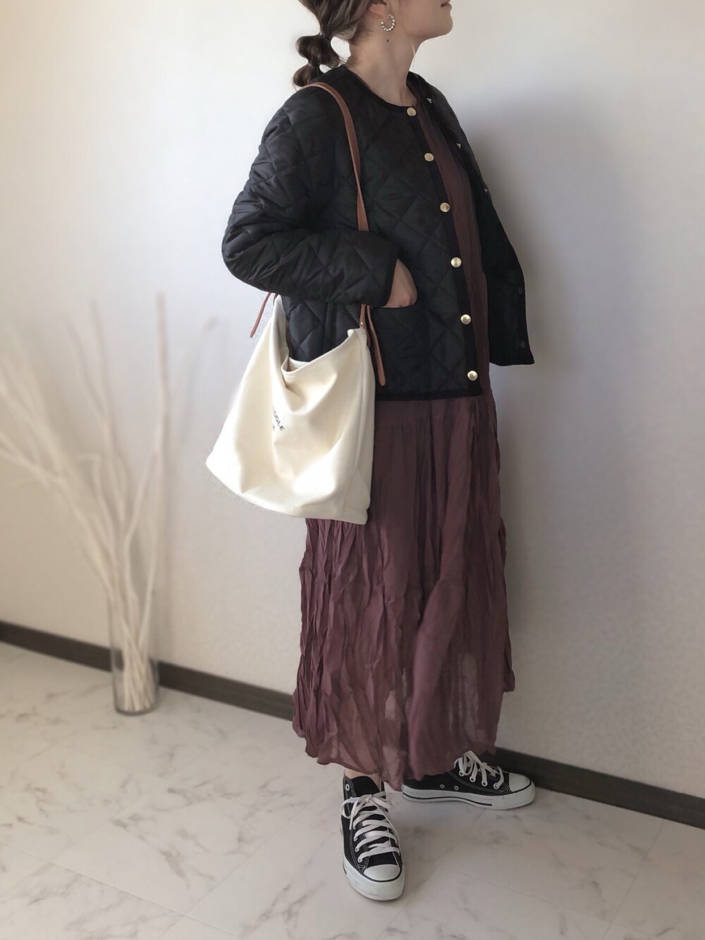 「Crisp、クリスプ、トラディショナルウェザーウエア、Traditional Weatherwear、アプレトロ、apretro、リベリー、riberry、低身長コーデ、秋冬コーデ」｜「Crispのワッシャーティアードワンピース（ワンピース、パープル系）」を使った、uaさん（レディース・153cm）の秋コーディネートの1枚目の写真
