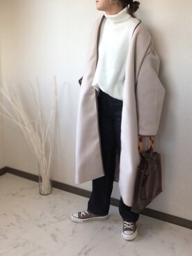 「アイテム（ノーカラーコート、ベージュ系）」を使った、uaさん（レディース・153cm）の秋コーディネート
