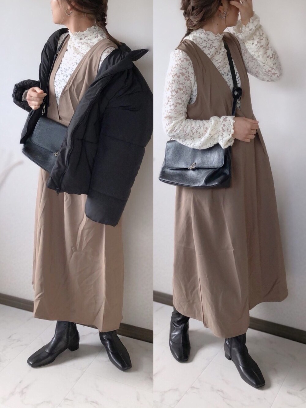 「クリスプ、Crisp、デートスタイル（WOMEN）、apretro、低身長コーデ、大人ガーリー、着回しコーデ、ショートブーツ、chacocloset、チャコクローゼット」｜「CrispのフラワーレースTシャツ（Tシャツ/カットソー、ベージュ系）」を使った、uaさん（レディース・153cm）の冬コーディネートの1枚目の写真