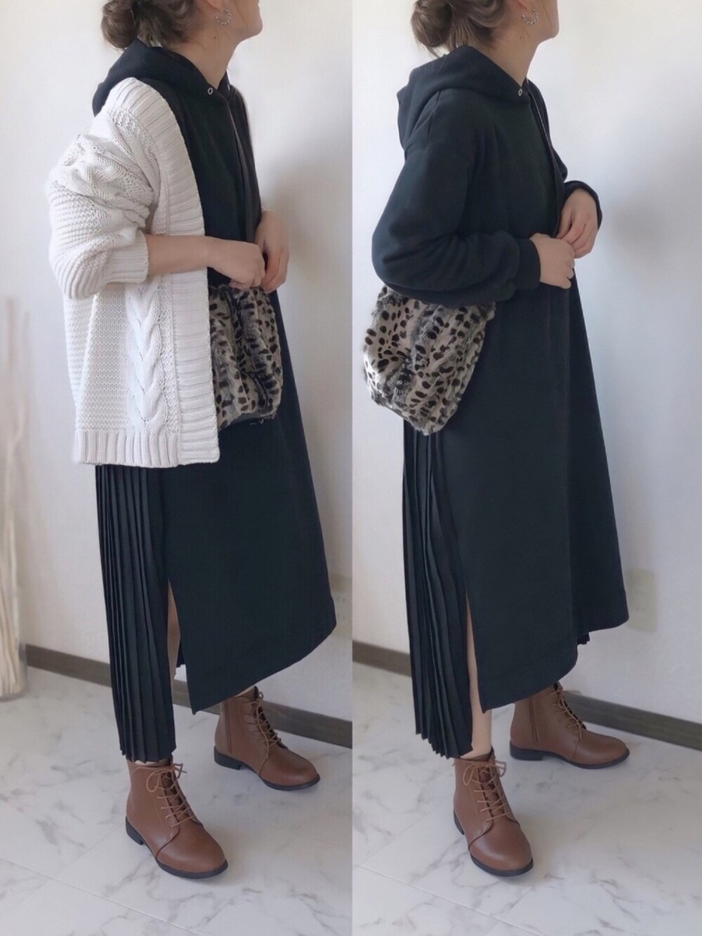 「viviancollection、vivian公式アンバサダー、ショートブーツ、レースアップブーツ、リップスター、LIPSTAR、ブーツコーデ、低身長コーデ、apretro、riberry」｜「LIPSTARのバックプリーツパーカーワンピース（ワンピース、ブラック系）」を使った、uaさん（レディース・153cm）の冬コーディネートの1枚目の写真