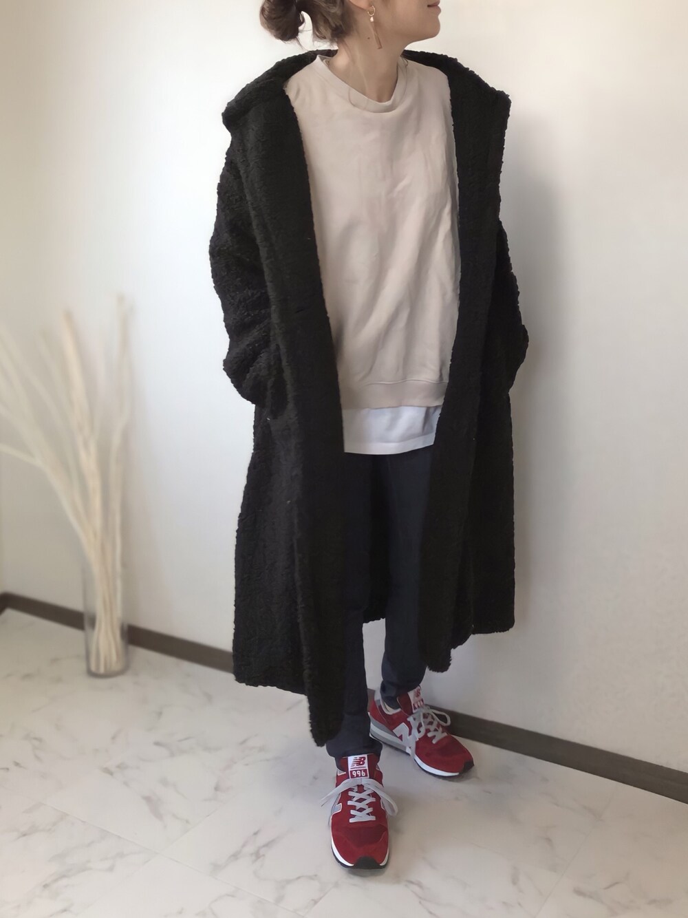「eversince、エバーシンス、ボアチェスター、スウェット、new balance 996、New Balance、LEE、Goldy、大人カジュアル、低身長」｜「NEW BALANCEのNEW BALANCE/ニューバランス CM996（スニーカー、レッド系）」を使った、uaさん（レディース・153cm）の冬コーディネートの1枚目の写真