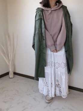 「レーススカート」｜「アイテム（モッズコート）」を使った、uaさん（レディース・153cm）の冬コーディネート