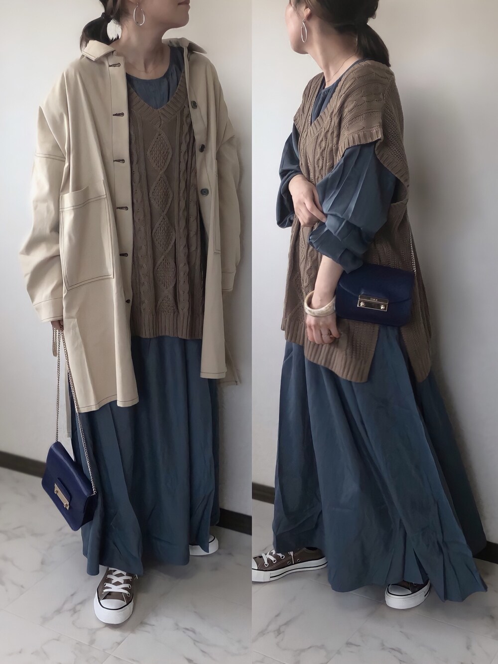 「bohmal、ボマール、アプレトロ、apretro、mysaliina、ミサリナ、ニットベスト、ギャザーワンピース、レイヤードスタイル、コンバース」｜「Mysa&Liinaのケーブルニットベスト（ベスト、ブラウン系）」を使った、uaさん（レディース・153cm）の冬コーディネートの1枚目の写真