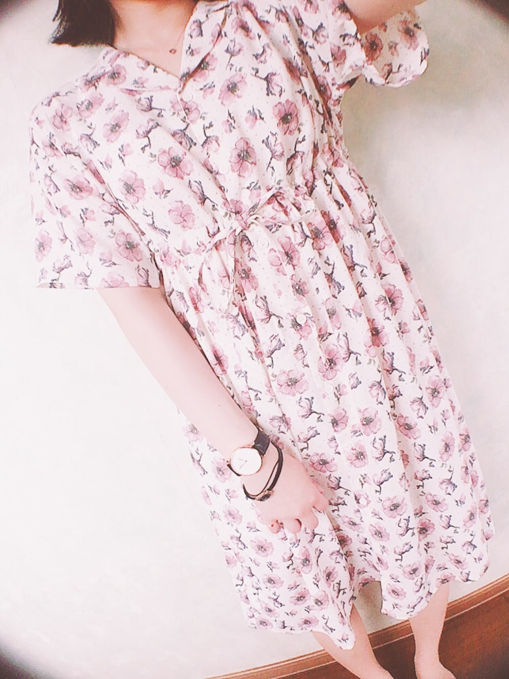 「E hyphen world galleryのSS ジョーゼット花柄ドットPtワンピース（ワンピース、ホワイト系）」を使った、○△□さん（レディース・154cm）の夏コーディネートの1枚目の写真