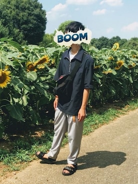 「LIDNM（リドム）のLIDnM / リドム リングジップハーフスリーブシャツ（シャツ/ブラウス、ブルー系）」を使った、ゆっきーさん（メンズ・175cm）の夏コーディネート