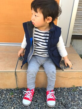 「アイテム（ダウンベスト）」を使った、saaakuuu☺︎さん（キッズ・90cm）の春コーディネート