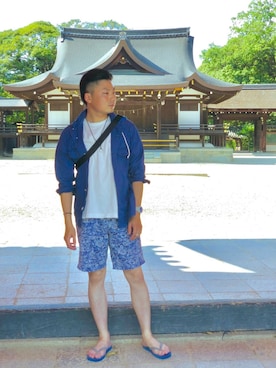 「青×白」｜「アイテム（ブルゾン）」を使った、Masayuki  Simakawaさん（メンズ・180cm）の夏コーディネート