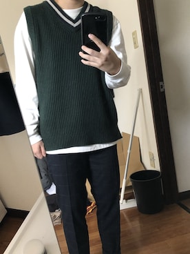「GLOBAL WORK（グローバルワーク）のチルデンニットベスト/842986（ベスト、グリーン系）」を使った、yosidaさん（155cm）の冬コーディネート