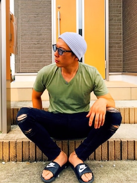 「GU（ジーユー）のアイテム（ニットキャップ/ビーニー、グレー系）」を使った、ナカヤマさんさん（メンズ）の夏コーディネート