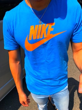 「NIKE（ナイキ）のアイテム（Tシャツ/カットソー、ブルー系）」を使った、ナカヤマさんさん（メンズ）の夏コーディネート
