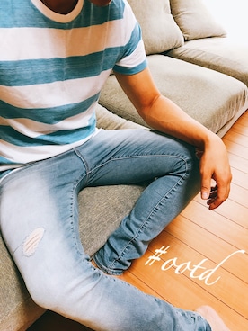 「GAP（ギャップ）のアイテム（Tシャツ/カットソー、ブルー系）」を使った、ナカヤマさんさん（メンズ）の夏コーディネート