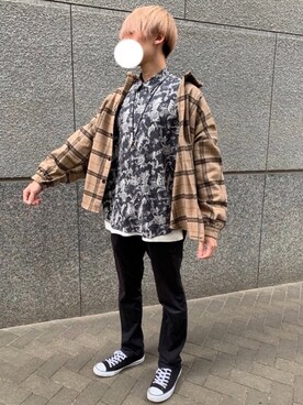 「アイテム（ピアス（片耳用）、パープル系）」を使った、前髪くん（お休み中🌙*ﾟ）さん（メンズ・170cm）の秋コーディネート
