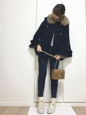 「ADAM ET ROPE'（アダムエロペ）のアイテム（ポンチョ）」を使った、すずこさん（レディース・158cm）の秋コーディネート