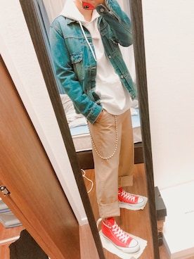 「H&M（エイチ・アンド・エム）のアイテム（パーカー、ホワイト系）」を使った、俺さん（メンズ・173cm）の春コーディネート
