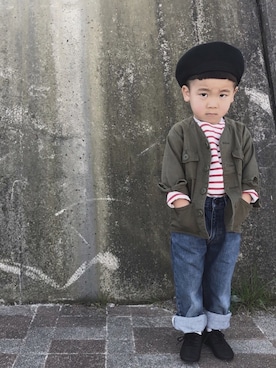 「petit main（プティマイン）のアイテム（ミリタリージャケット）」を使った、🇦さん（キッズ・110cm）の冬コーディネート