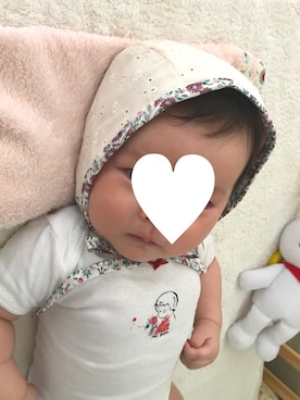 「Handmade（ハンドメイド）のアイテム（帽子、ホワイト系）」を使った、himaさん（キッズ・100cm）の夏コーディネート