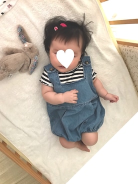 「Handmade（ハンドメイド）のアイテム（バレッタ/ヘアクリップ、ピンク系）」を使った、himaさん（キッズ・100cm）の秋コーディネート