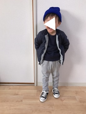 「黒コンバース」｜「アイテム（モッズコート）」を使った、ponさん（キッズ・90cm）の冬コーディネート