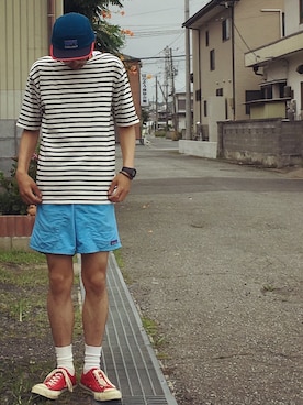 「膝上ショーツ」｜「アイテム（帽子）」を使った、カジワラさん（メンズ・176cm）の夏コーディネート