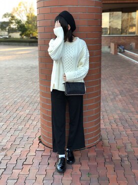 「白黒」｜「アイテム（ハンチング/ベレー帽）」を使った、kasumiさん（レディース・155cm）の冬コーディネート