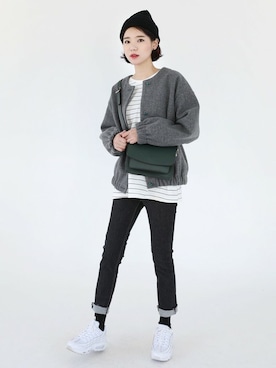 「アイテム（ノーカラージャケット、グレー系）」を使った、66ガールズさん（レディース・167cm）の冬コーディネート