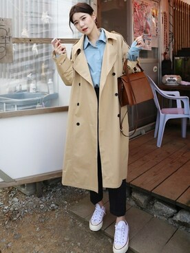 「ダブルボタン」｜「アイテム（トレンチコート）」を使った、66ガールズさん（レディース・163cm）の冬コーディネート