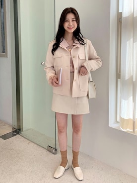 「ぽっちゃりコーデ」｜「アイテム（ノーカラージャケット）」を使った、66ガールズさん（レディース・168cm）の春コーディネート