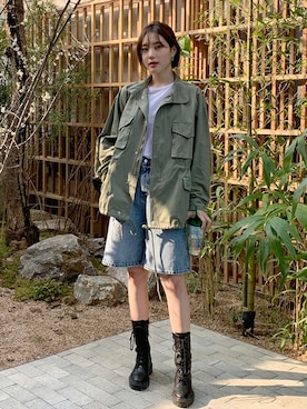 「アイテム（ミリタリージャケット）」を使った、66ガールズさん（レディース・172cm）の春コーディネート