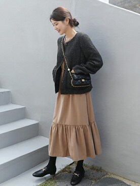 「ぽっちゃりコーデ」｜「アイテム（ノーカラージャケット）」を使った、66ガールズさん（レディース・167cm）の秋コーディネート