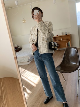 「アイテム（ノーカラージャケット、ホワイト系）」を使った、66ガールズさん（レディース・167cm）の冬コーディネート