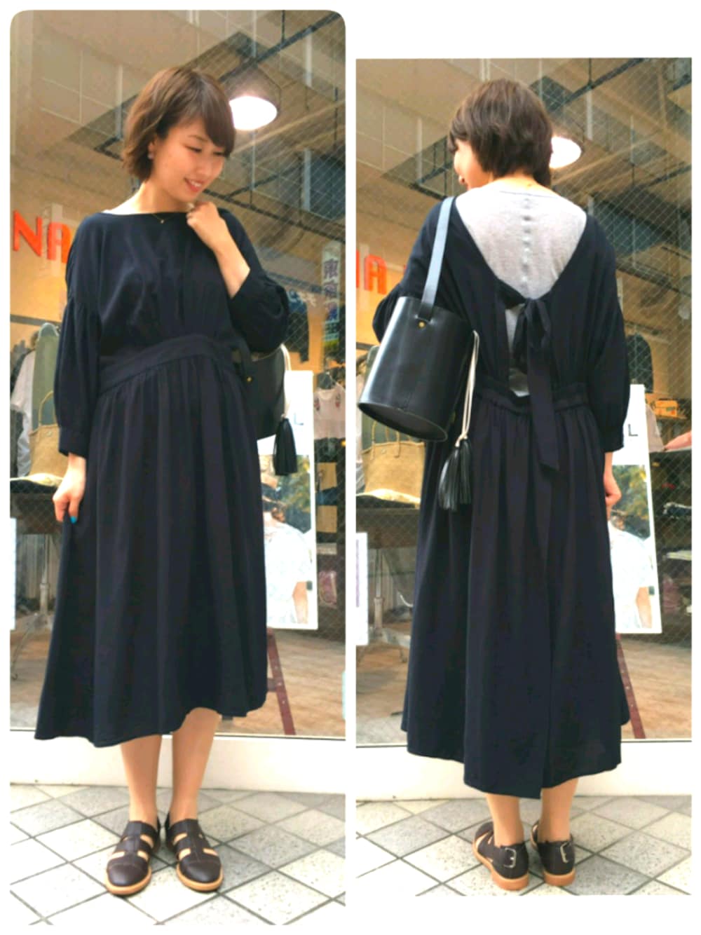 「ワンピース、シンプル、大人カジュアル、大人コーデ、きれいめカジュアル、ootd、レザーバッグ、RNA-Ｎ、バケツバッグ」｜「RNA-NのE4389 レザーサンダル（サンダル、ブラック系）」を使った、Kaoriさん（レディース・166cm）の春コーディネートの1枚目の写真