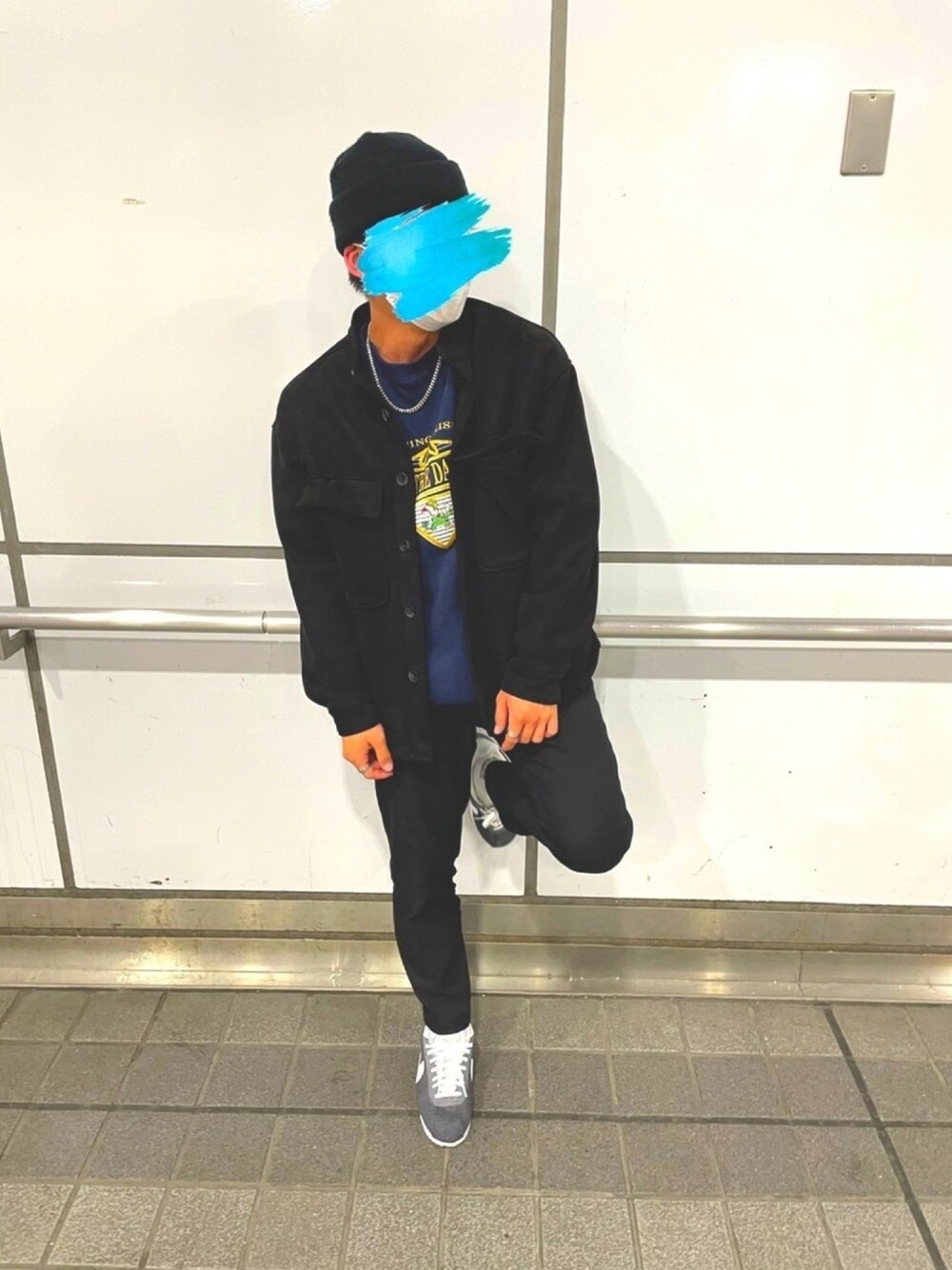 「今日のコーデ、古着MIX、ストリートMIX、ナイキ、ナイキスニーカー、ブラックコーデ、おしゃれさんと繋がりたい、ファッション好きと繋がりたい、古着男子」｜「THE SHOP TK のアイテム（ジャケット/アウター、ブラック系）」を使った、keenさん（メンズ・163cm）の春コーディネートの1枚目の写真