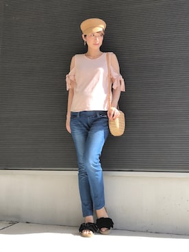 「オープンショルダー」｜「アイテム（帽子）」を使った、たけまいさん（レディース・163cm）の夏コーディネート