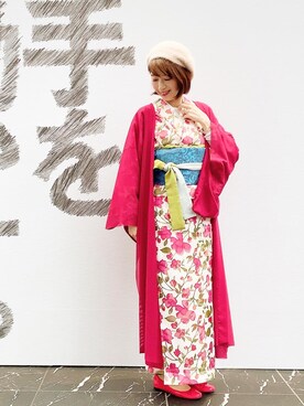 「アイテム（着物、レッド系）」を使った、たけまいさん（レディース・163cm）の秋コーディネート