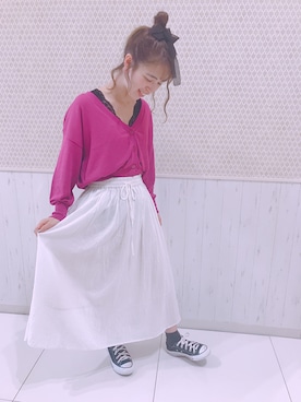 「Green　Parks（グリーンパークス）のカップ付きレースタンク（タンクトップ、ブラック系）」を使った、Oのきゃく乃さんさん（レディース・157cm）の夏コーディネート