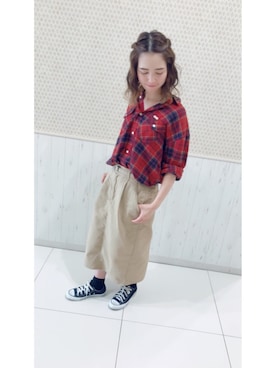 「Green　Parks（グリーンパークス）のWR ビックチェックシャツ（シャツ/ブラウス、オレンジ系）」を使った、Oのきゃく乃さんさん（レディース・157cm）の夏コーディネート