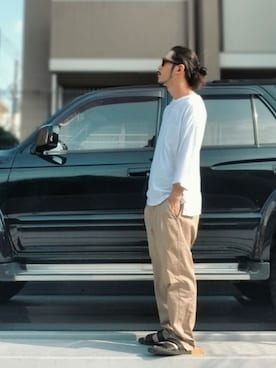 「Dickies（ディッキーズ）のWEB限定 Dickies/ディッキーズ TCツイル ストレッチタックワイドパンツ（その他パンツ）」を使った、OGAさん（メンズ・169cm）の夏コーディネート