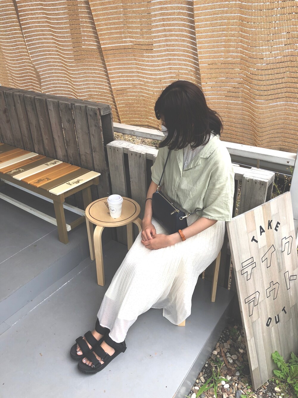 「カジュアルコーデ、デート、ピスタチオ、淡色コーデ、GU、サンダルコーデ、楽チンコーデ、グリーン、リネン」｜「GUのリネンブレンドオープンカラーシャツ(5分袖)（トップス、グリーン系）」を使った、うなさん（レディース・153cm）の夏コーディネートの1枚目の写真