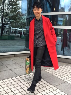 ステンカラーコートを使った 赤コーデ のメンズ人気ファッションコーディネート Wear