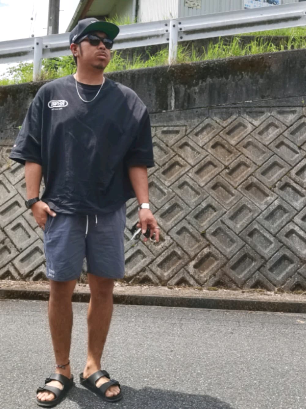 「夏コーデ、休日スタイル、Tシャツ、シンプル、ラフ、ハーフパンツ、大人コーデ、サンダル、短パン」｜「BIRKENSTOCKのBAYFLOW／【BIRKENSTOCK（ビルケンシュトック）】ARIZONA EVA（サンダル、ブラック系）」を使った、mightyfly12さん（メンズ・177cm）の夏コーディネートの1枚目の写真