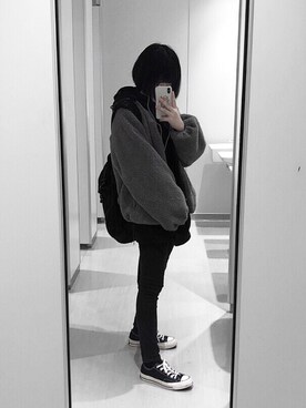 「チャックテイラー」｜「アイテム（ブルゾン）」を使った、あり。さん（レディース・155cm）の冬コーディネート