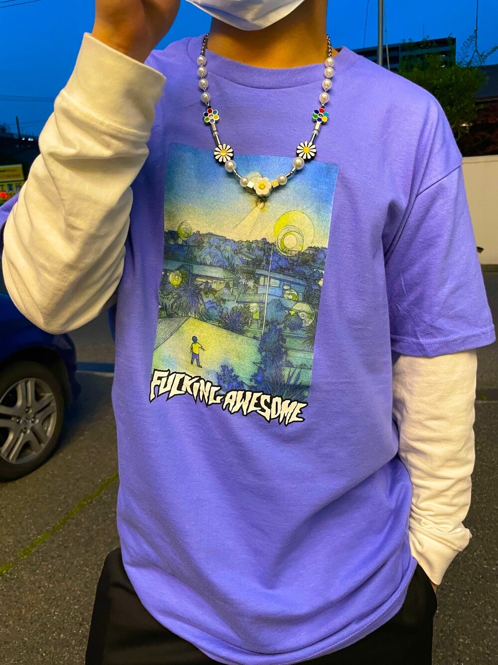 「これが私をアゲる服、お洒落さんとつながりたい、シェフパンツ」｜「FUCKING AWESOMEのアイテム（Tシャツ/カットソー、ブルー系）」を使った、peperon5さん（メンズ・168cm）の春コーディネートの1枚目の写真