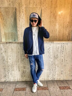 「NEW ERA（ニューエラ）のアイテム（キャップ、グレー系）」を使った、しんちゃんさん（メンズ・183cm）の春コーディネート