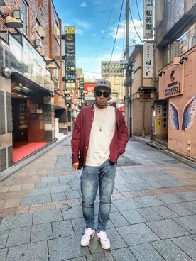 「NIKE（ナイキ）のアイテム（スニーカー、ホワイト系）」を使った、しんちゃんさん（メンズ・183cm）の春コーディネート