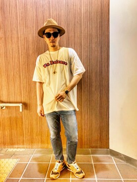 「JIGGYHOUSE オリジナル Tシャツのアイテム（Tシャツ/カットソー、ホワイト系）」を使った、しんちゃんさん（メンズ・183cm）の夏コーディネート