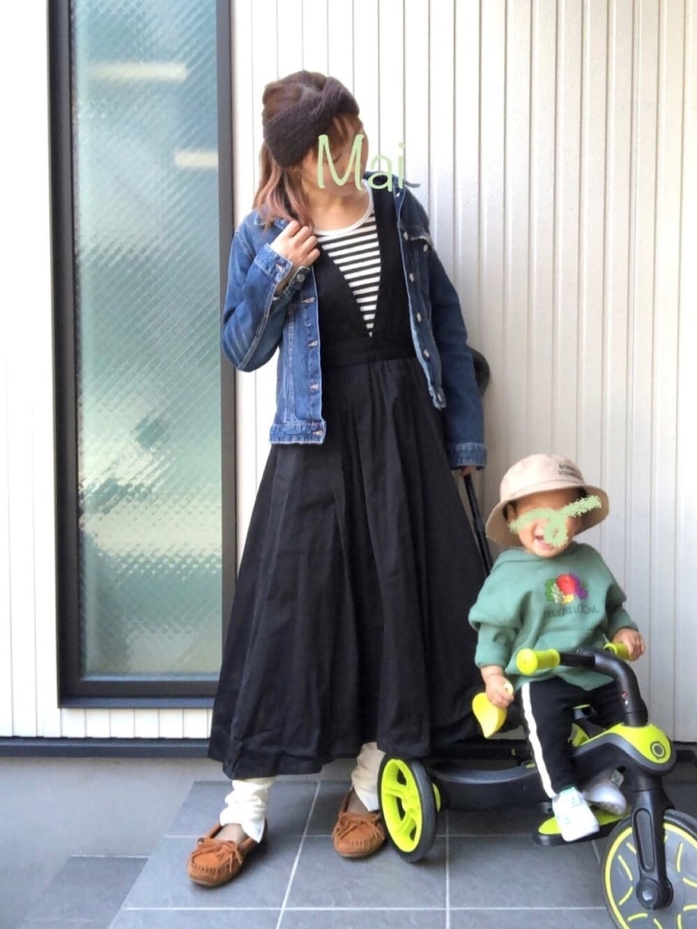 「おやこーで。、デニムジャケット、藤井製帽、スタンスミス、パーカー、三輪車、男の子、1歳」｜「藤井製帽のアイテム（帽子、ブラウン系）」を使った、mai✺maiさん（レディース・158cm）の秋コーディネートの1枚目の写真